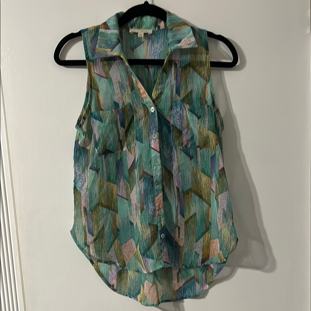 Geometric Sheer Sleeveless Button Up Blouse with Collar XS